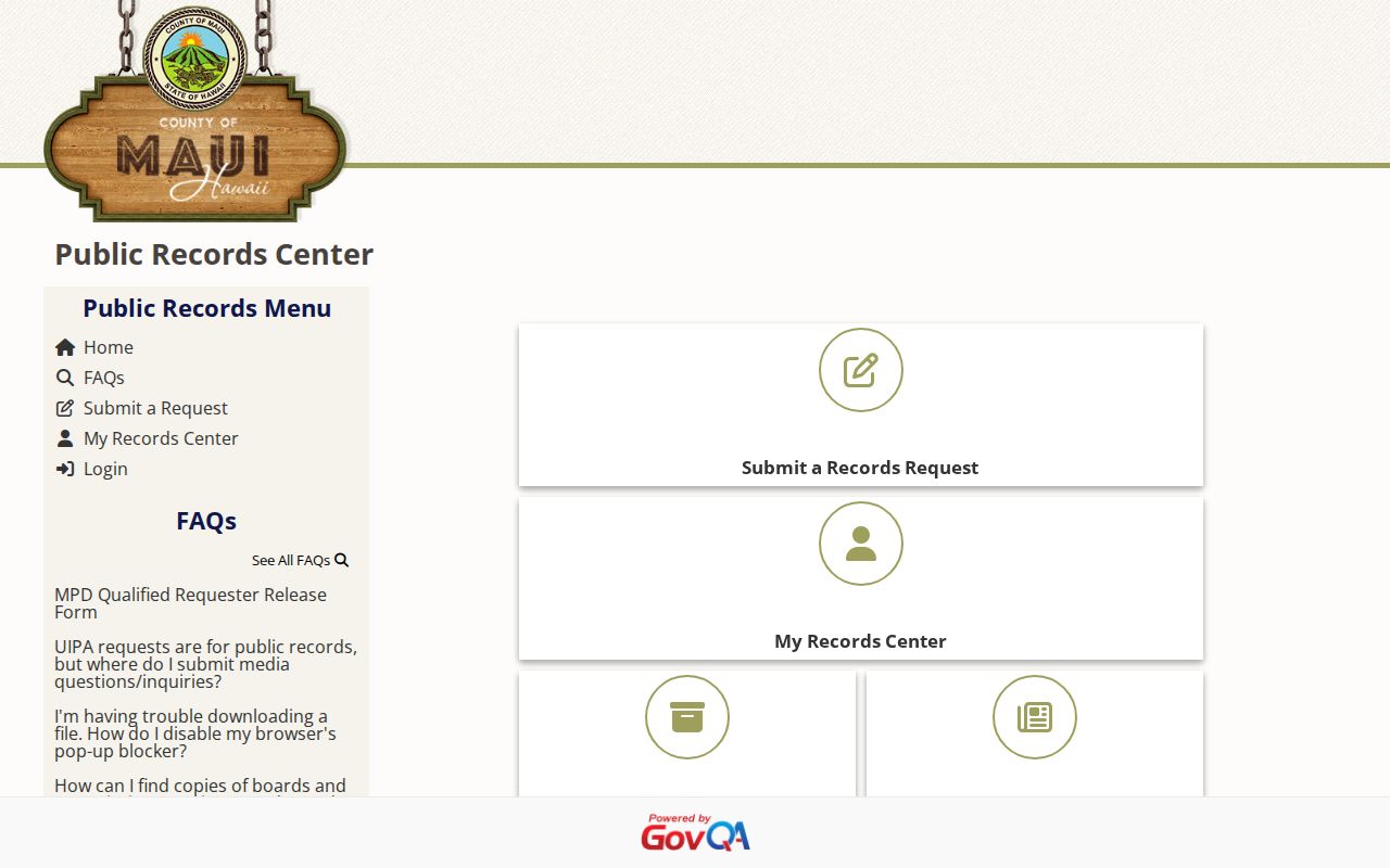 Maui County GovQA public records request portal for arrest records