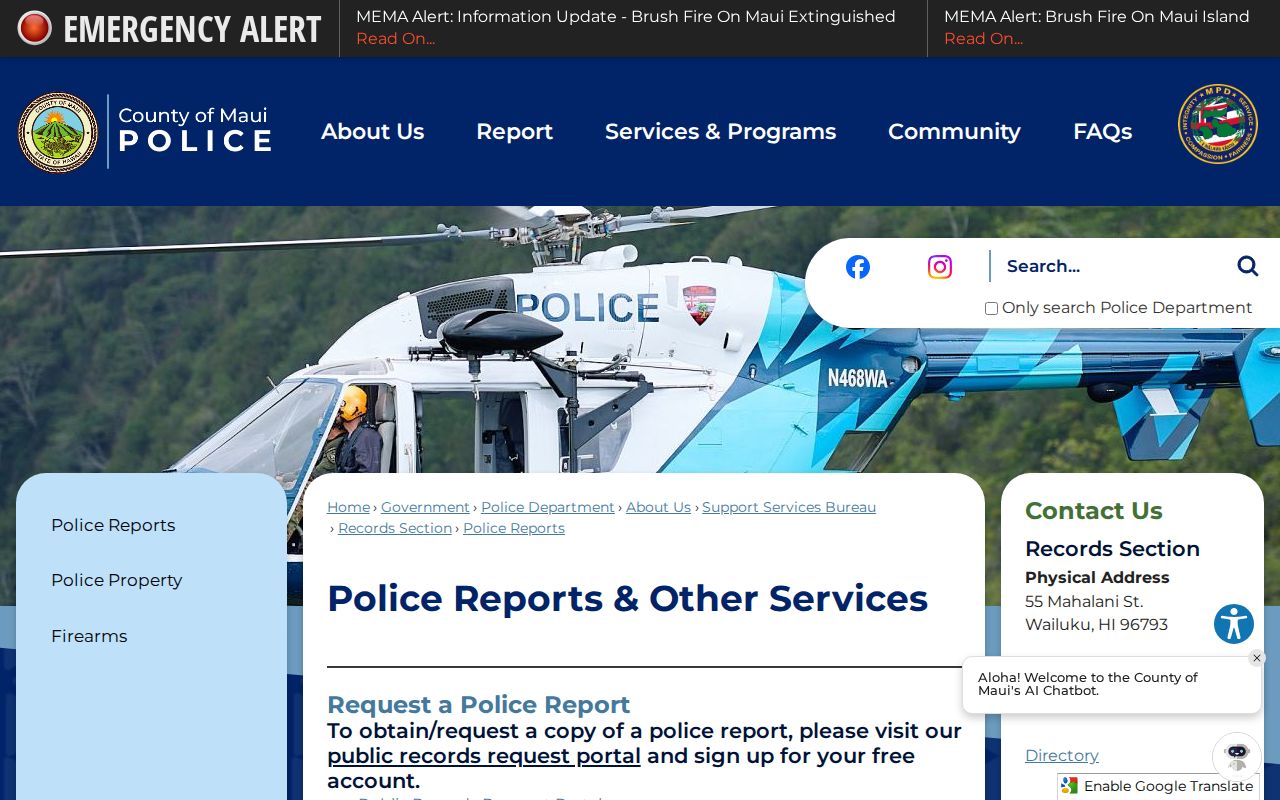 Maui Police Department police report and arrest record request information