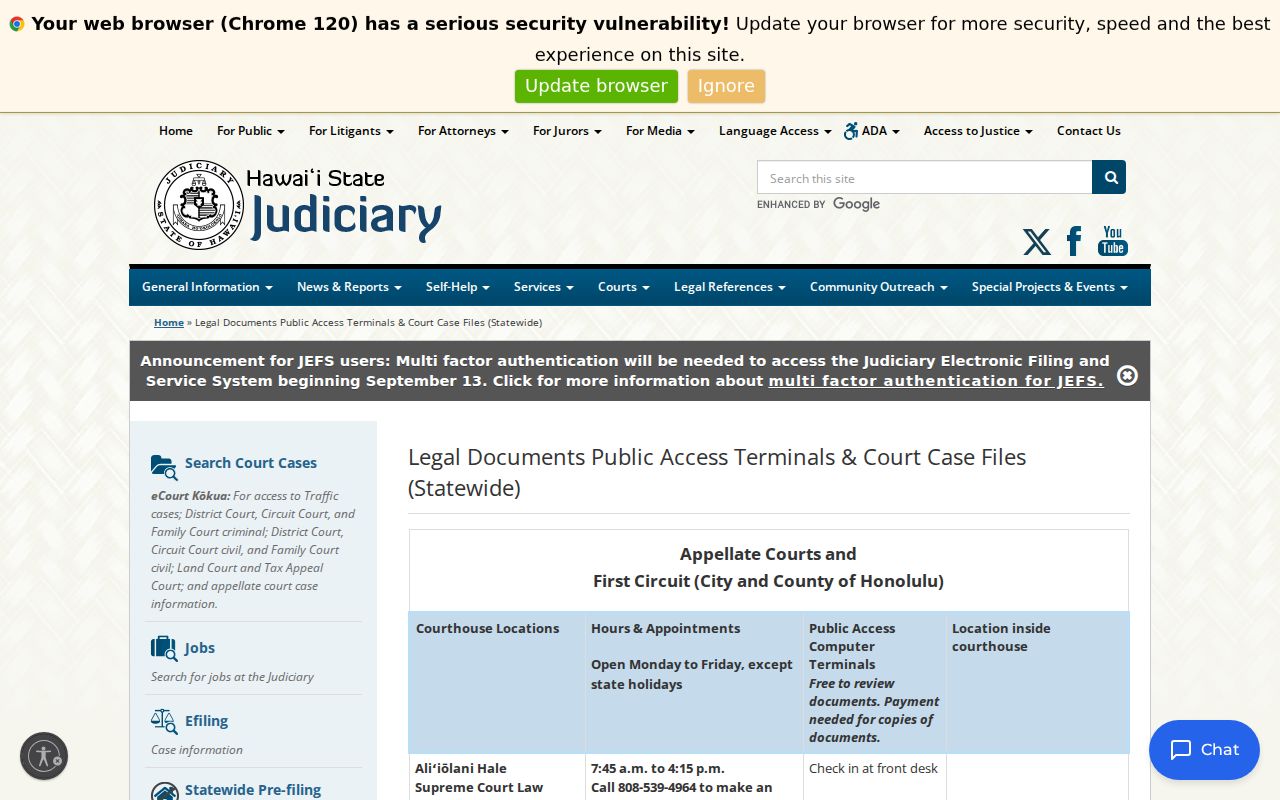 Hawaiʻi Judiciary public court records and terminal access information