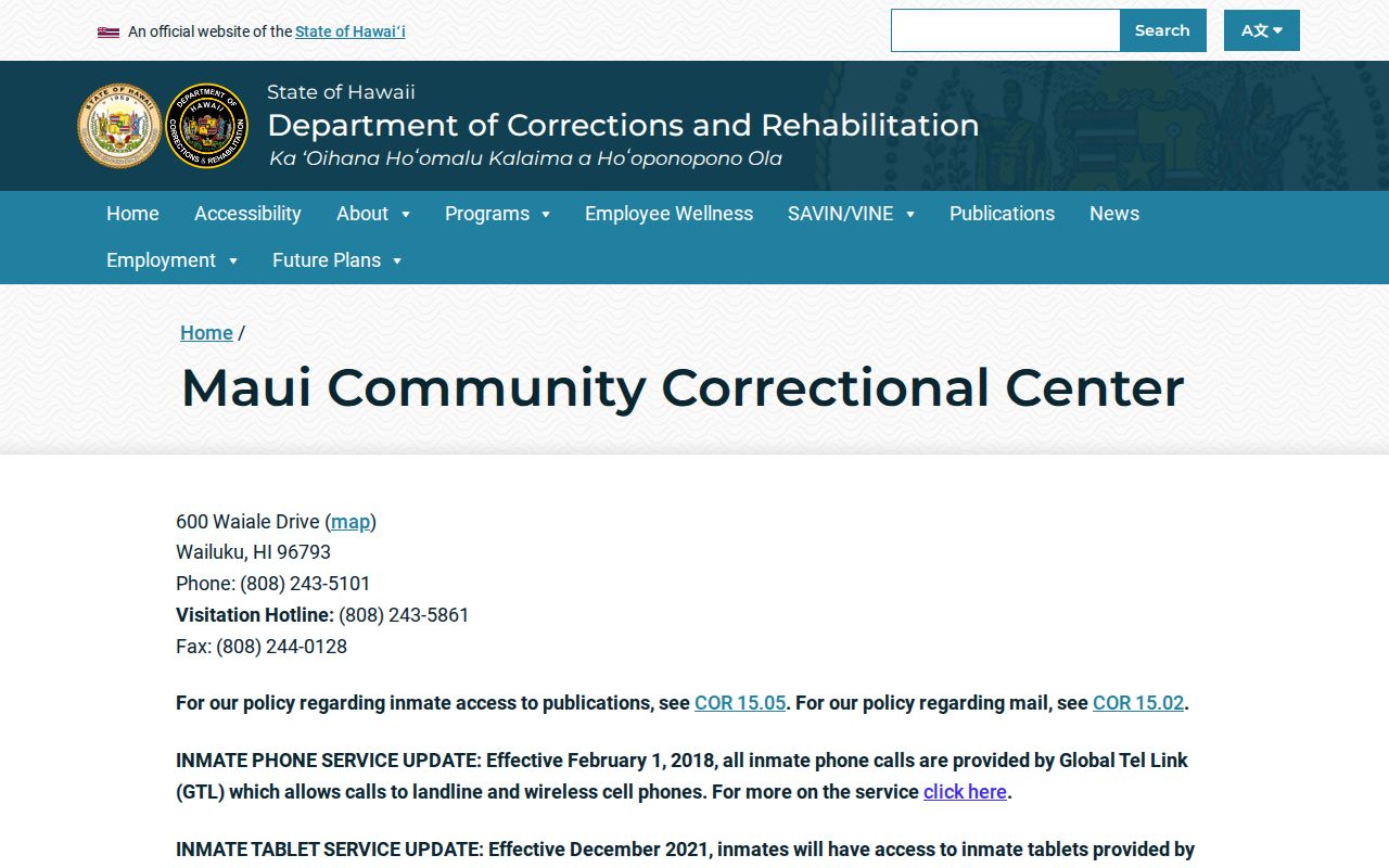 Maui Community Correctional Center official information page